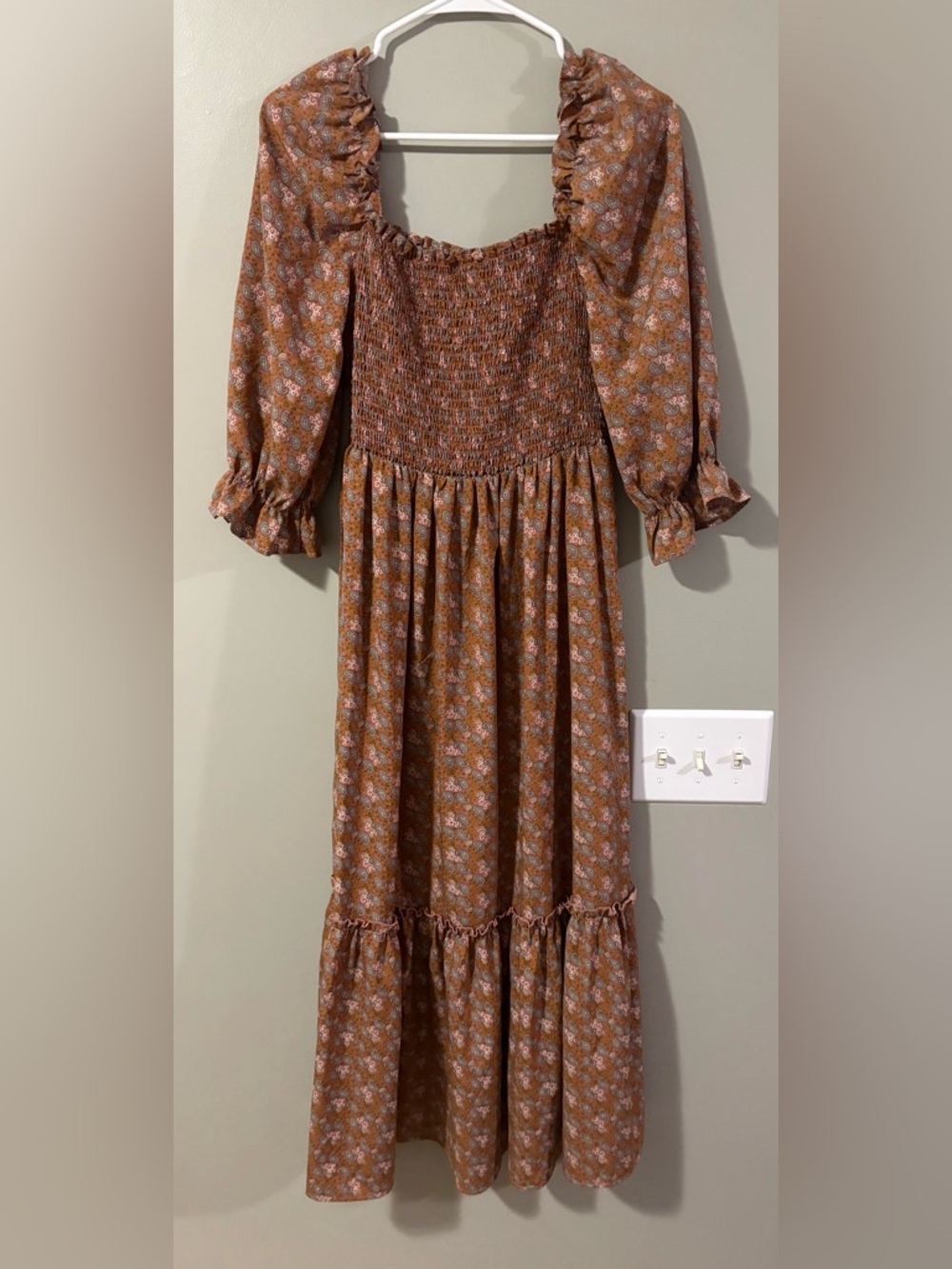 Smocked Rust Floral Maxi Dress with Puff Sleeves